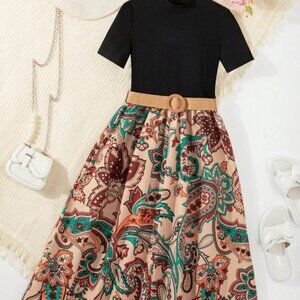 Girls Boho Maxi Dress w/ Belt | Sizes 5Y–9Y | Black Top & Paisley Skirt